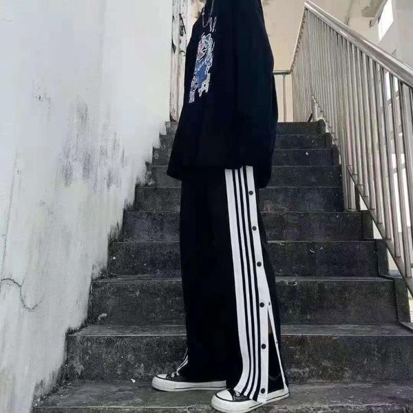 

women's pants & capris thin single-breasted trousers female students korean style loose versatile buttons wide-leg high waist lace-up, Black;white