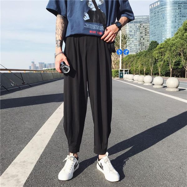 

men's pants casual 2021 summer ice silk leg opening loose capris fashion, Black
