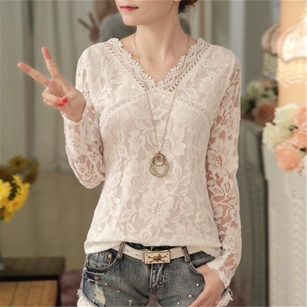 

lace shirt womens blouses white fashion v-neck woman shirt hollow out long sleeve chic slim fit ladies xxl xxxl