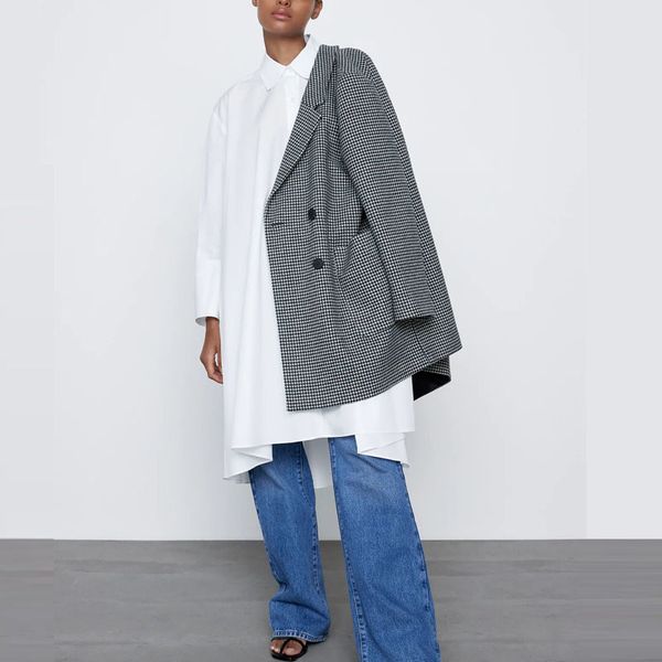 

dresses oversized long asymmetric shirt women chic hidden in-seam side pockets loose white large size casual shirts, Black;gray