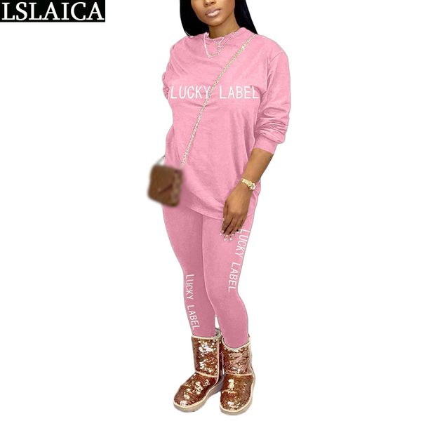 

two piece outfits for women sets autumn letter print solid long sleeve pencil pants set casual sportswear sweat suits 210520, White