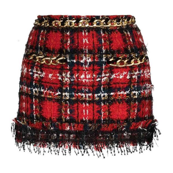 

skirts est designer women's chain sequined fringed tassel plaid tweed mini hlh8, Black
