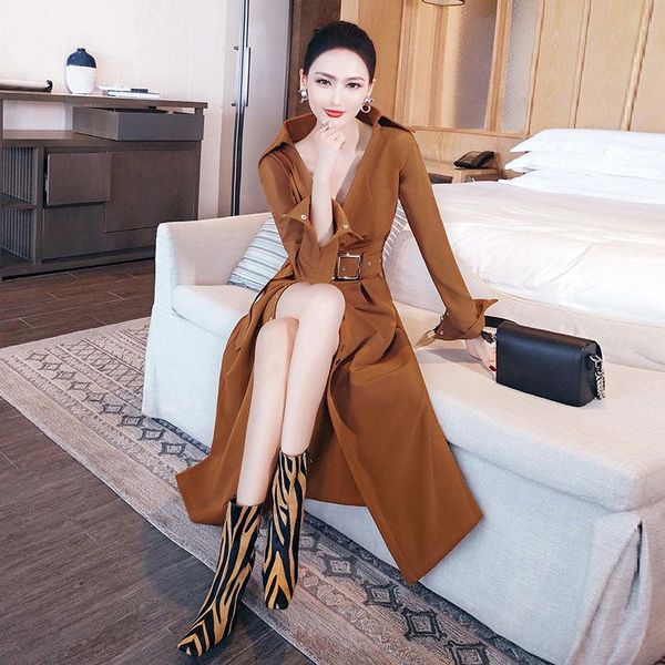 

women's trench coats retro dress autumn 2021 coffee waist length french windbreaker long floral coat for women korean clothes, Tan;black