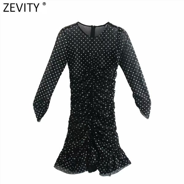

zevity women sequined dots slim pleated mesh dress female three quarter sleeve chic vestido back zipper clothes ds4913 210419, Black;gray
