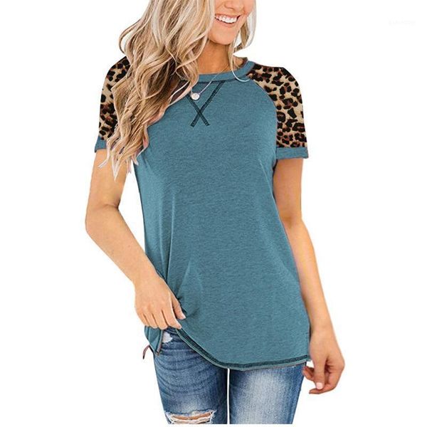 

women's t-shirt 5xl summer fashion leopard pattern splicing women casual round neck short sleeve balck chest crossed plus-size tee1, White