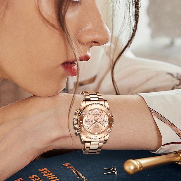 

wristwatches ladies fashion business watch multifunctional calendar chronograph night luminous quartz waterproof watches women female gift, Slivery;brown