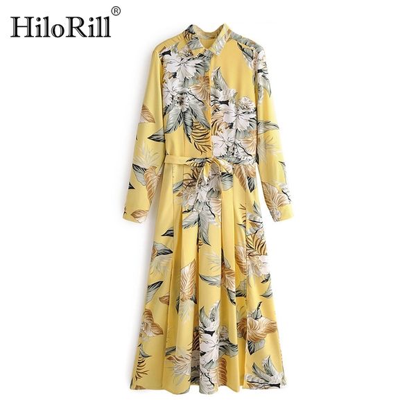

women elegant floral print dresses long sleeve sashes bohemian yellow turn down collar office ladies shirt 210508, Black;gray