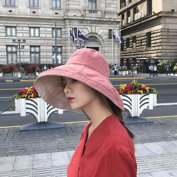 

beanies simple solid color double-sided big brim women's sunshade foldable protection monochrome bucket hat factory in stock wholesale