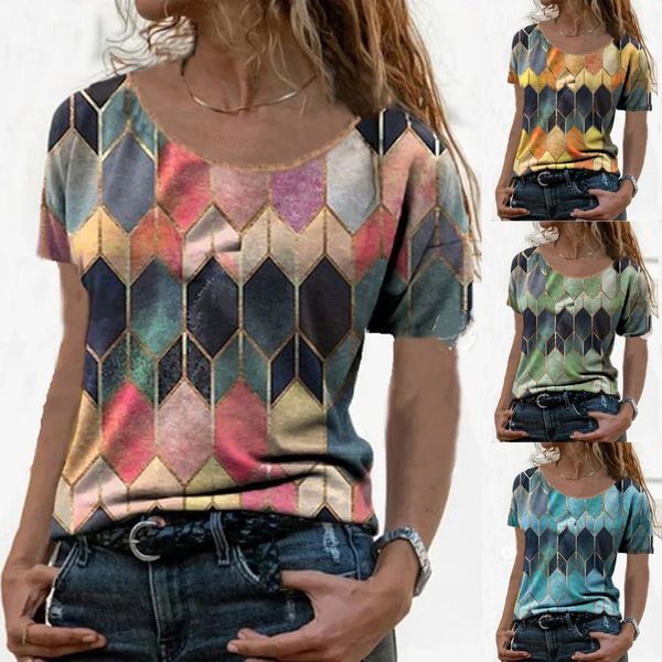 Estetica Donna T-shirt Donna O-Collo Patchwork Retro Stampa Maniche corte Donna Top T-shirt Mujer Camisetas Femme T-shirt