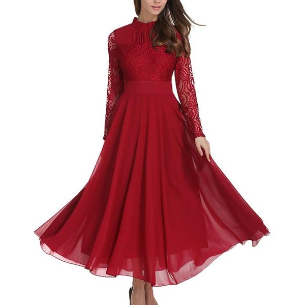 

casual dresses long sleeve chiffon lace women dress 2021 solid color autumn round neck fashion nbh268, Black;gray