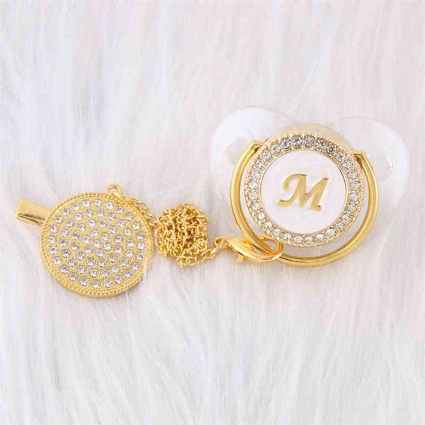 

0-12 months luxury 26 initials rhinestones transparent bling baby pacifier and chain clip chupete de bebe bpa dummy nipples 210407