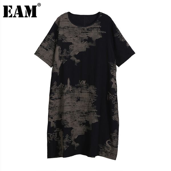 

[eam] women black big size casual printed dress round neck short sleeve loose fit fashion spring summer 1dd8547 21512, Black;gray