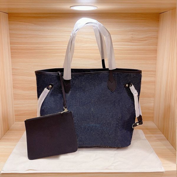 

large tote shopping bag handbag small purse denim cowhide leather high-capacity white letter pattern two piece set shoulder bags