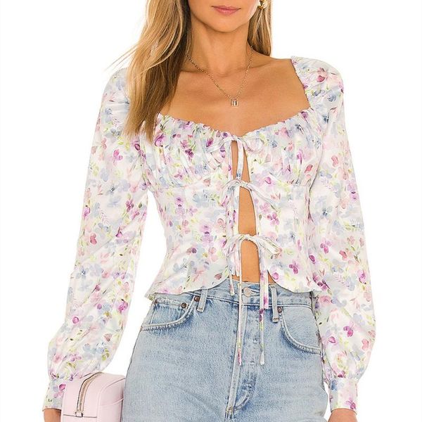 

women's blouses & shirts women 2021 summer fashion with drawstring floral print cropped square collar vintage female chic top, White