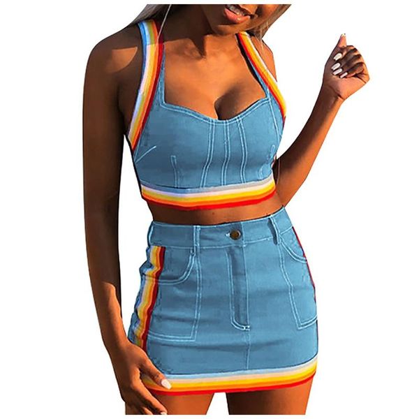 

two piece dress womens set sleevlesse rainbow print pocket cowboy club party and skirt suit leisure fashion comfortable elasticity, White