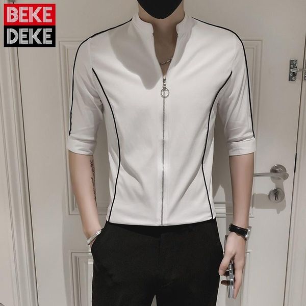 

men's casual shirts street high men zipper half sleeve shirt summer thin white stand collar outdoor striped slim male -3xl, White;black