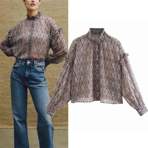 

crop women vintage printed woman blouse high neck long sleeve tulle ruffle chiffon ladies loose casual 210519, White