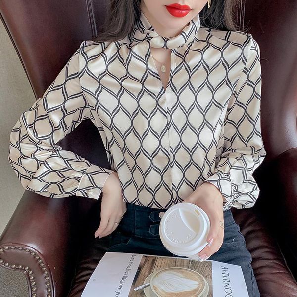 

women's blouses & shirts spring and autumn long sleeve v-neck shirt fashion geometry casual loose girl satin, White