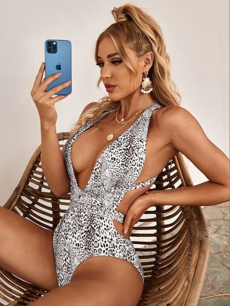 

leopard print plunging one piece swimsuit c2s9#, White;black