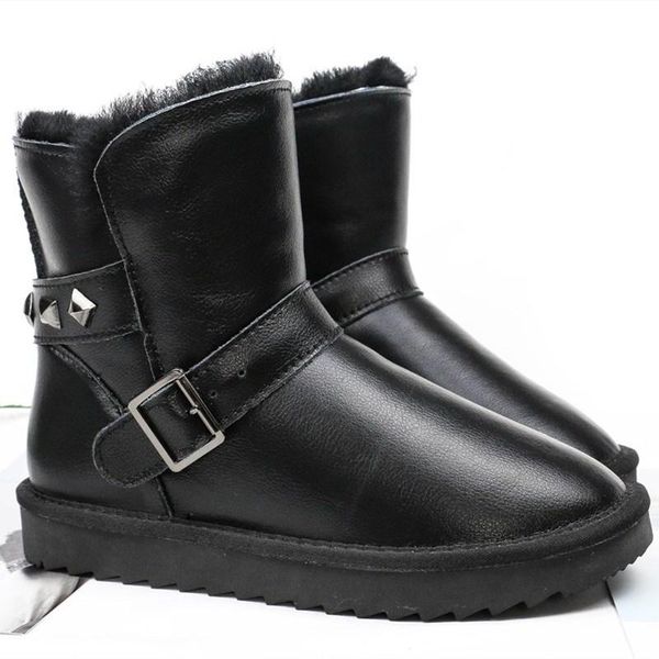 

boots 100% natural fur brand shoes women waterproof leather cowhide rivet snow winter warm, Black
