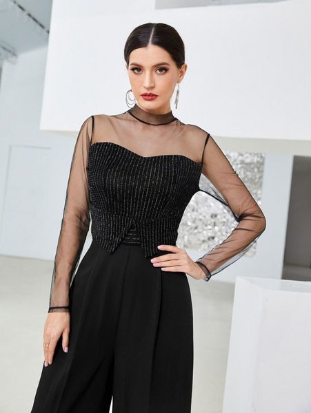 

contrast sheer mesh mock neck wide leg jumpsuit k03z#, White