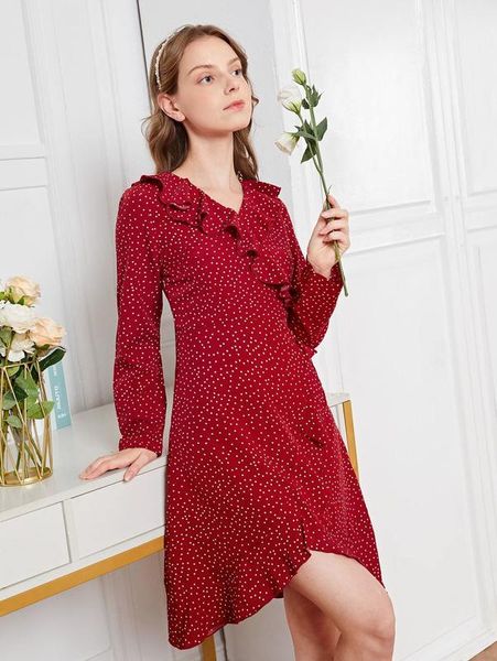 

teen girls polka dot ruffle trim dress she, Red;yellow