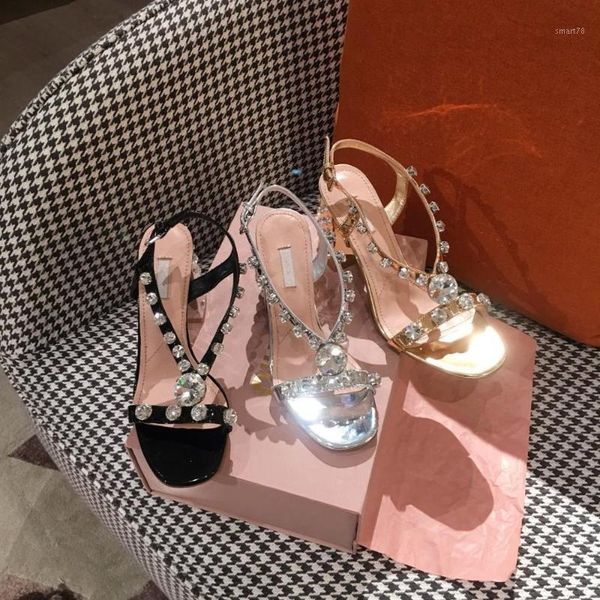 

sandals summer 2021 gem heels roman thick rhinestone women open toe1, Black