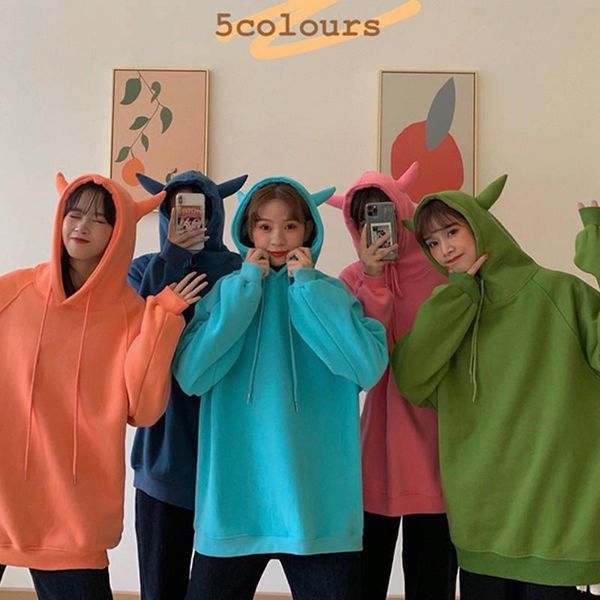 

women's hoodies & sweatshirts horn korean solid color loose hooded warm ladies hoodie hedging simple commuter cute winter multicolor dr, Black