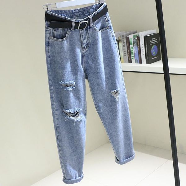 

women's jeans 2021 boyfriend for women high waist harem woman pantalon femme bf style casual ripped hole washed loose denim pants, Blue