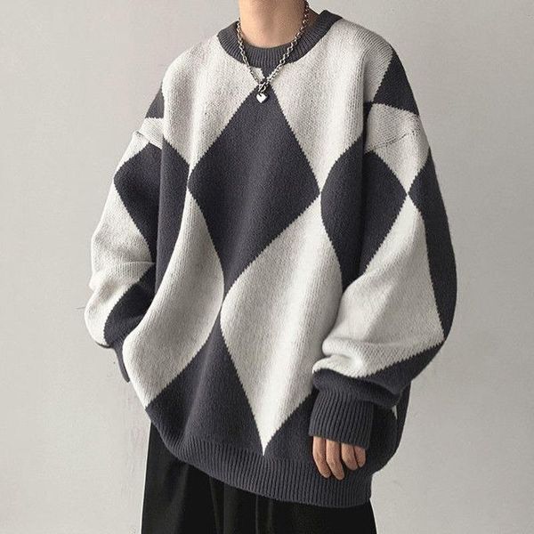 

men's sweaters patchwork plaid crew neck sweater men autumn and winter japanese loose casual long sleeve knitted oversize pullover, White;black
