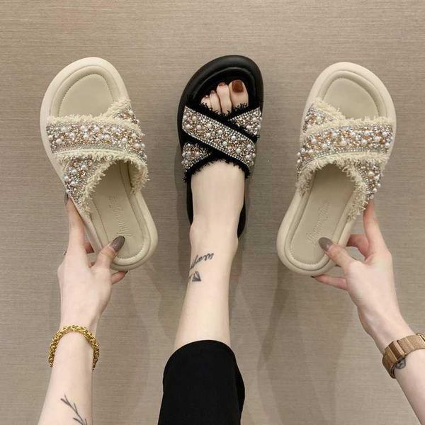 

slippers shoes glitter slides soft low lady fashion rubber flip flops string bead slipers women platform jelly comfort summer gi, Black