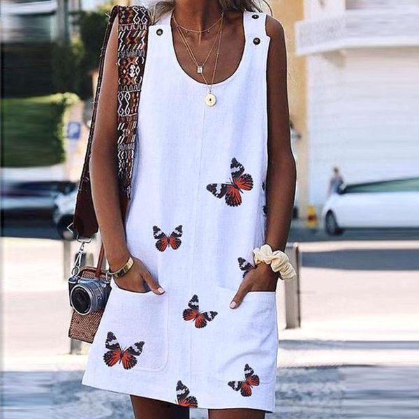 

casual dresses women summer loose cute butterfly print dress cotton linen pocket mini white short straight, Black;gray