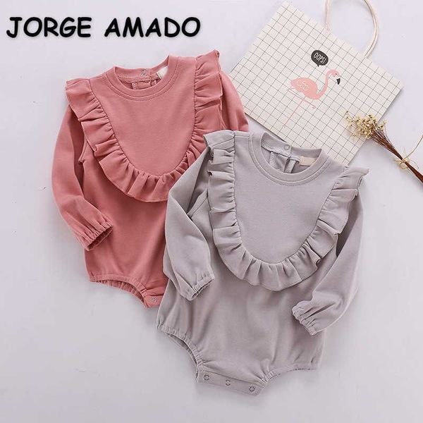 Venda Por Atacado Primavera Bebê Bodysuits Color Sólido Manga Longa Ruffles Fofo Jumpsuit Terno infantil E492 210610