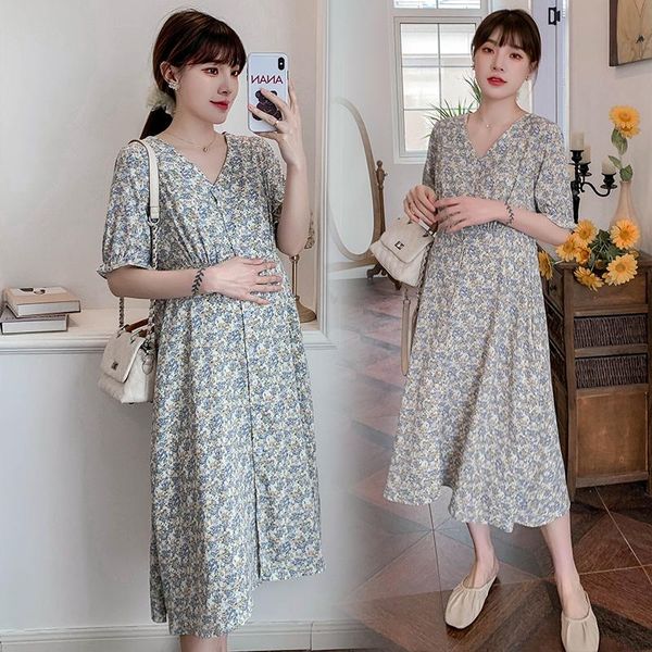 

summer beautiful maternity breastfeeding chiffon dress fashion short sleeve v-neck floral printing postpartum women nursing dresses, White
