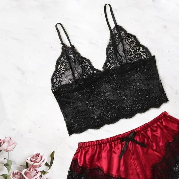 

pyjamas pajamas sleep wear womens sleepwears satin lace v neck camisole bowknot shorts set sleepwear lingerie, Black;red
