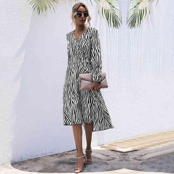 

2021 new arrival fashion women dresses long sleeve wrap fall clothes office elegant midi frocks for ladies spring zebra stripes, Black;gray