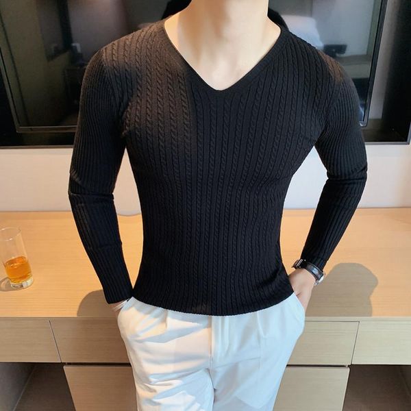 

men's sweaters fall/winter sweater solid color v-neck bottoming knitted pullovers korean casual slim fit long-sleeved knitwear, White;black