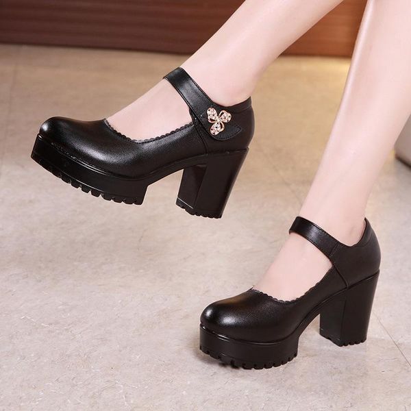 

genuine leather shoes women round toe pumps female high heels wedding party fashion work shoe plus size 32-43 dress, Black