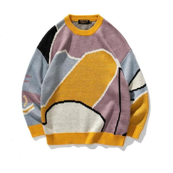 

men's sweaters fashion men cartoon patcchwork winter wool sweater 2021 pullover mens o-neck knitted women korean casual clothes, White;black