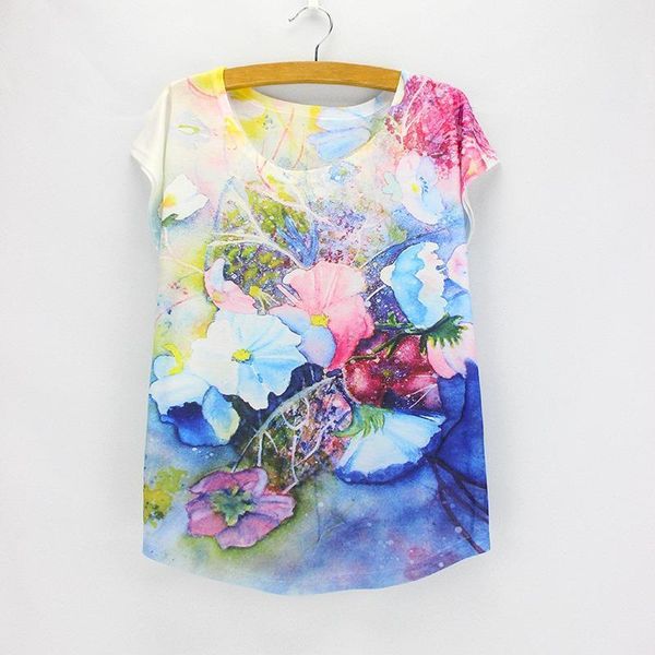 

charming flower pattern fashion printed womens t shirts tees girls summer low price wholesale, White