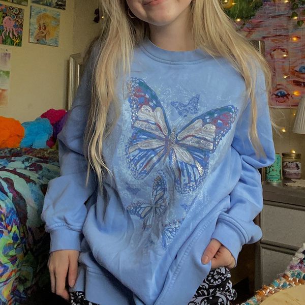 

2021 autumn winter loose casual lazy college style butterfly print round neck pullover blue women's sweater, Blue;black