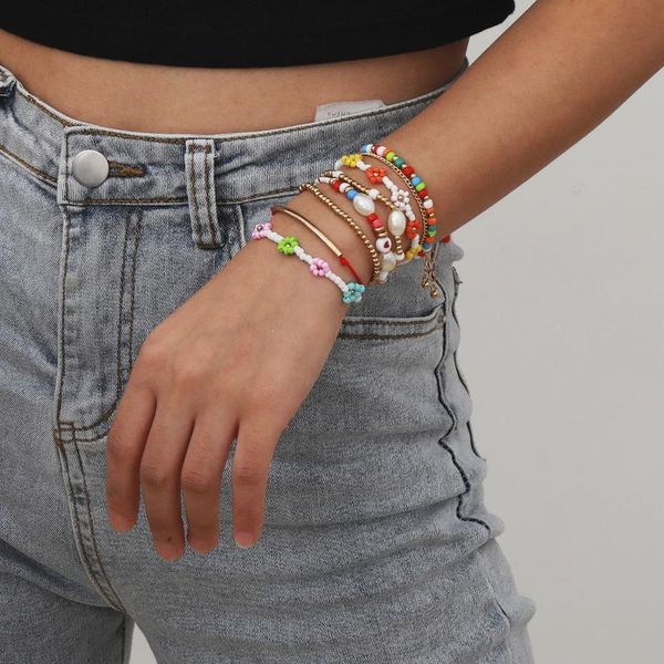 

beaded, strands koi boho fashion colorful handmade beaded daisy bracelet for women cute heart pearl chain friend jewelry gifts, Black