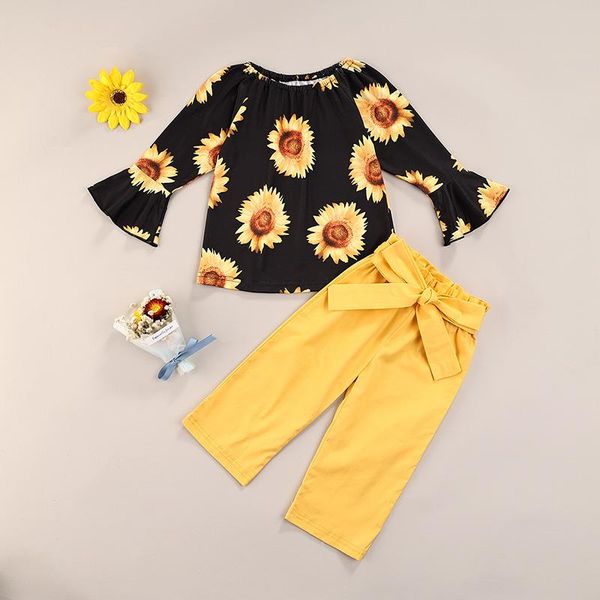 

clothing sets 0-4t girls fashion children kids baby girl sunflower print flare sleeve pullover +pants casual clothes outfits, White