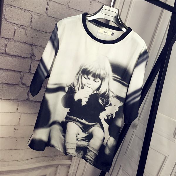 

fashion t shirt lamp's same ice cream little girl's casual and versatile korean large size loose personalized printing short sleev, White