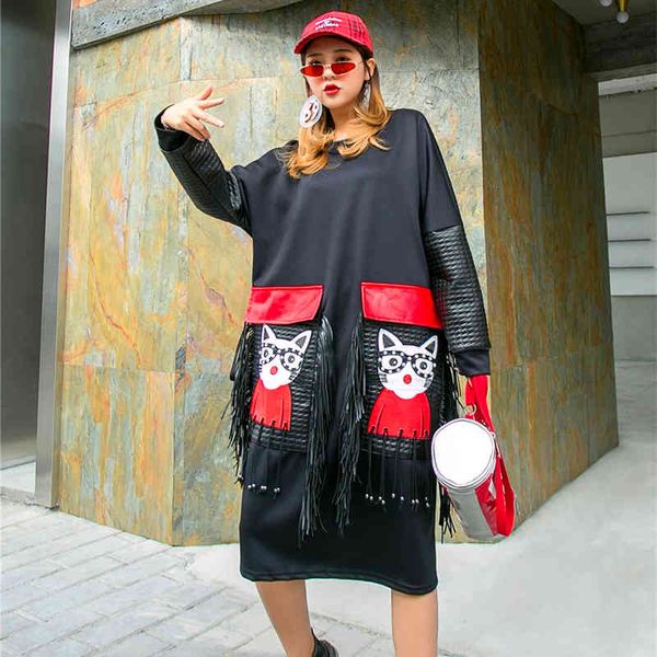

dresses plus size women's clothing ladies cartoon fashion beaded mid-length sweater skirt loose tassel long-sleeved dress, Black;gray