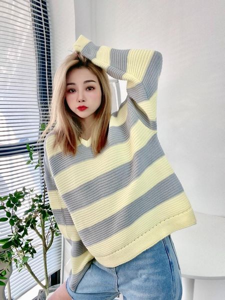 

women's sweaters striped sweater splicing loose cotton autumn winter v-neck casual clothing fashion long sleeve jumpers houthion, White;black
