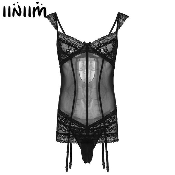 

bras sets mens sheer mesh crossdress lingerie set adjustable spaghetti straps lace slip hommes sissy garters mini dress with underwear, Red;black