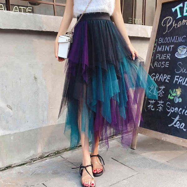

skirts spring multi-color patchwork mesh irregular midi color block gauze asymmetric hem tiered medium long skirts, Black