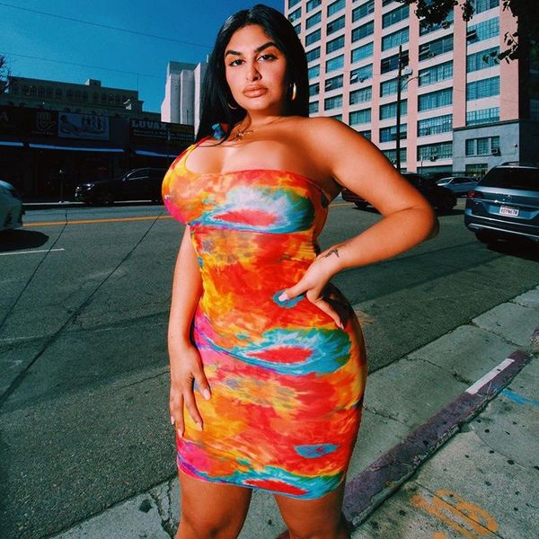 

casual dresses tie dye women bodycon dress one shoulder bandage fashion party mini sleeveless 2021 skinny print, Black;gray