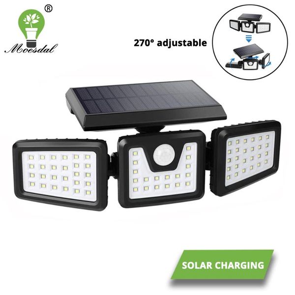 

solar lamps lights outdoor wireless led motion sensor 3 adjustable heads 270 degree wide angle security flood light